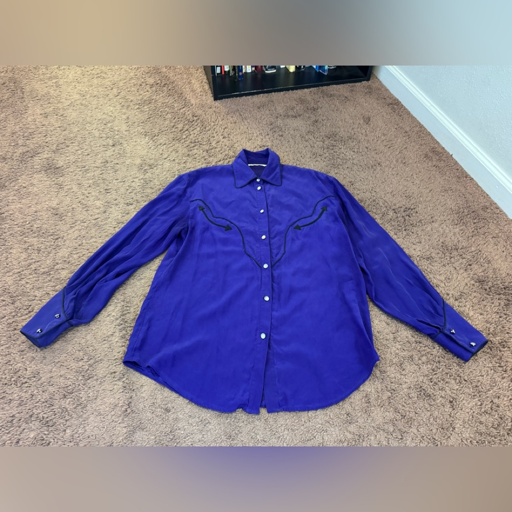 100% Silk Bright Purple Western Shirt Top Tunic Oversized Blouse 8 - Picture 1 of 5